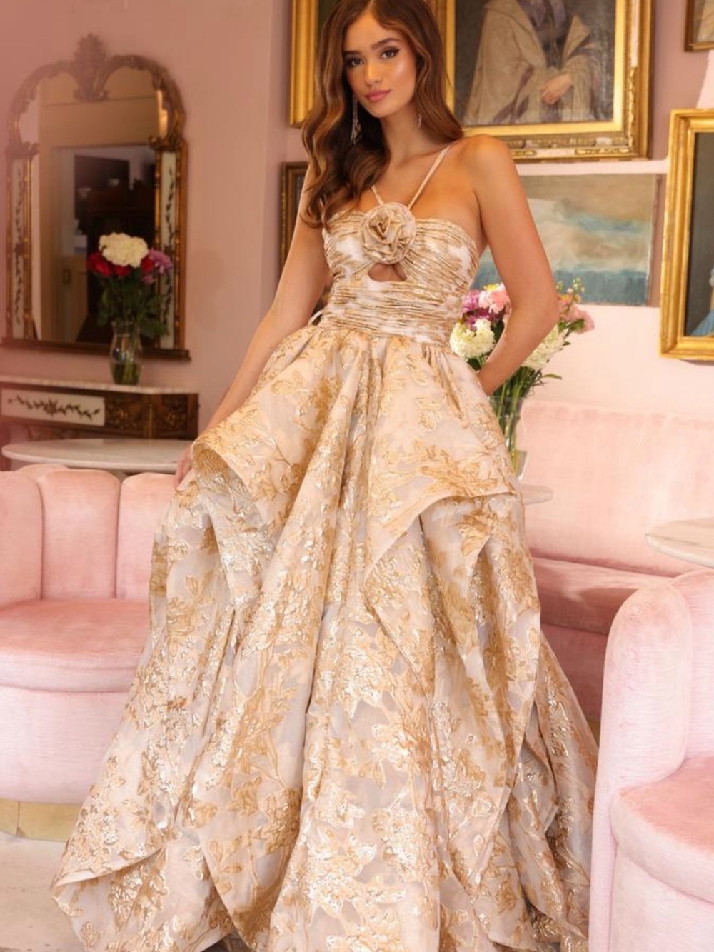 Gold Floral Prom Ball Gown with Rose Applique